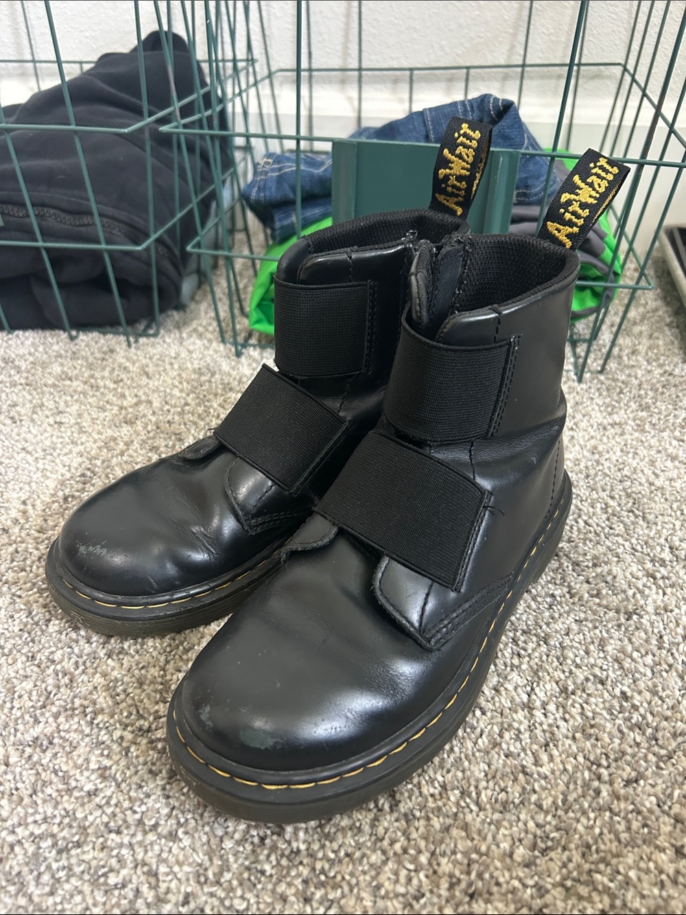 Dr. Martens Kids Black Leather Ankle Boots with Yellow Stitching